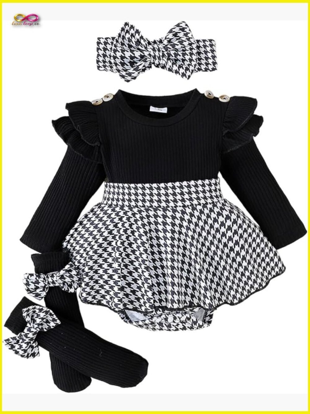 Long Sleeve Romper Dress with Socks & Headband Infant Cute Outfit